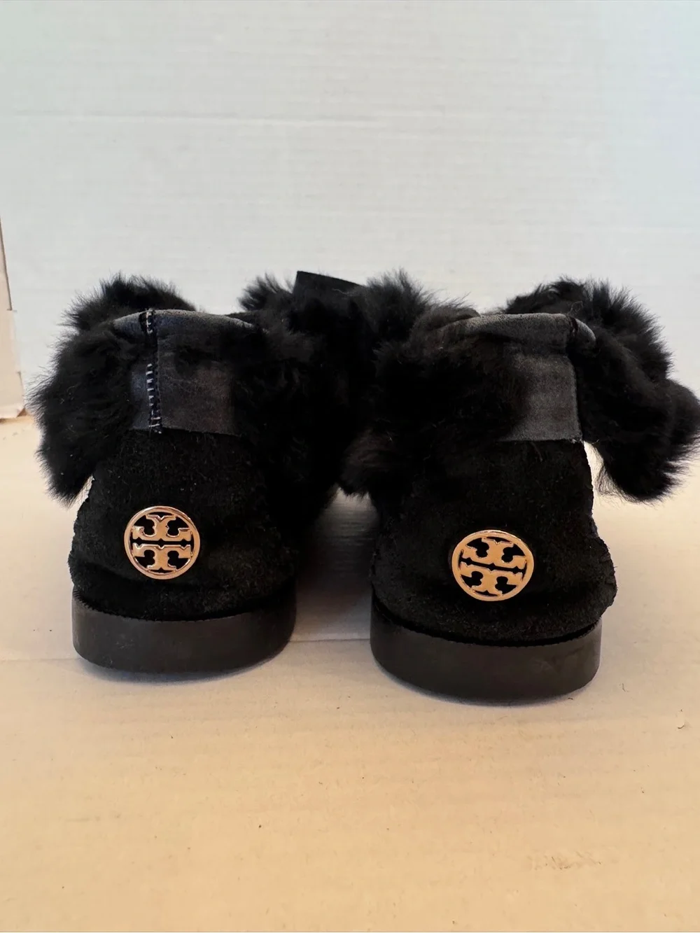 Tory Burch Aberdeen Moccasins Black Suede Fur Ribbon Tie Shoes Womens 8 M